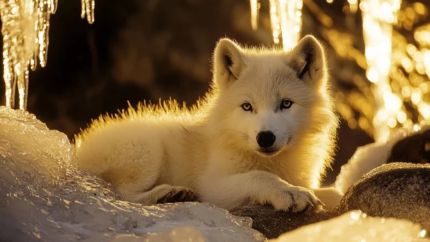 A peaceful white wolf pup lying beneath icicles sparkling in morning light.