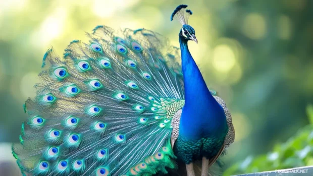 A peacock captured in mid turn, soft breeze lifting its brilliant tail against a blurred natural background.