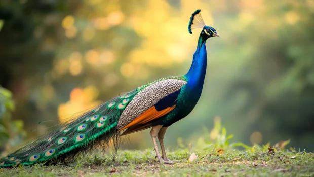 A peacock captured in mid turn, soft breeze lifting its brilliant tail against a blurred natural background.