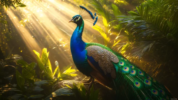 A peacock captured side profile with light rays filtering through jungle foliage.