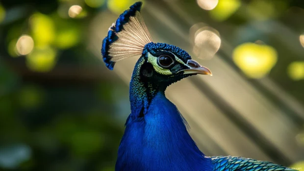 A peacock captured side profile with light rays filtering through jungle foliage.