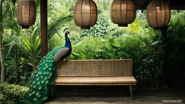 A peacock perched on a bamboo bench beneath hanging lanterns, peaceful garden backgound.
