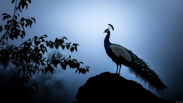 A peacock silhouetted against the last light of day.