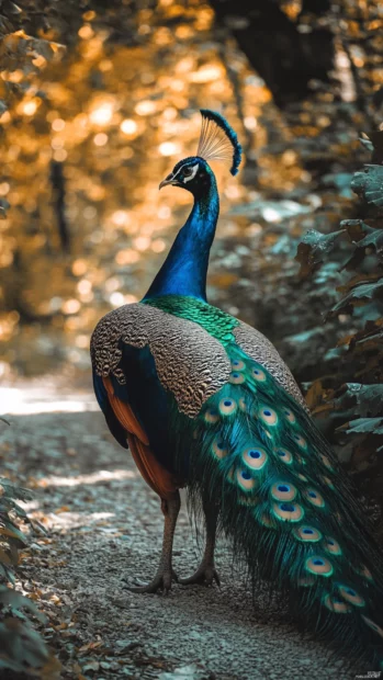 A peacock slowly walking along a forest path, light dappling across its feathers.