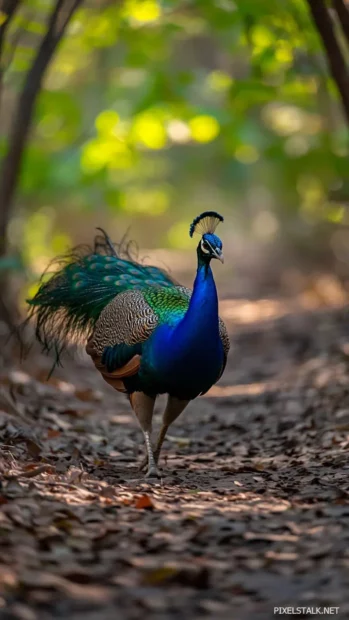 A peacock slowly walking along a forest path, light dappling across its feathers.