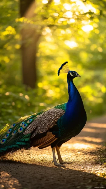 A peacock slowly walking along a forest path, light dappling across its feathers.