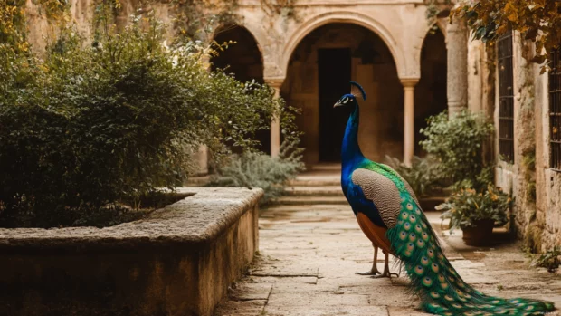 A peacock standing proudly in an ancient courtyard, tail feathers trailing behind in full color.