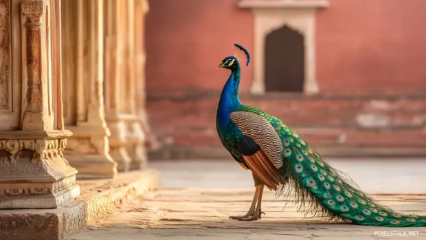 A peacock standing proudly in an ancient courtyard, tail feathers trailing behind in full color.