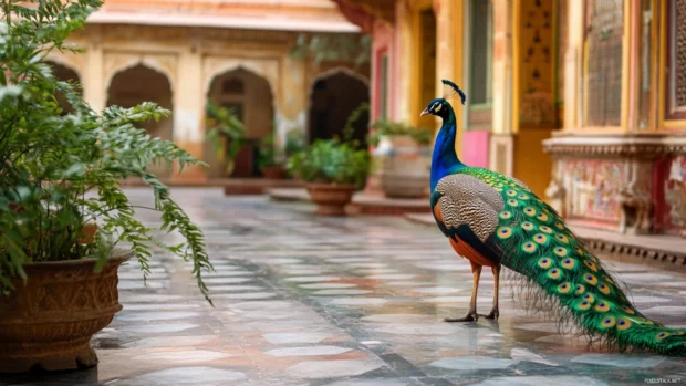 A peacock standing proudly in an ancient courtyard, tail feathers trailing behind in full color.
