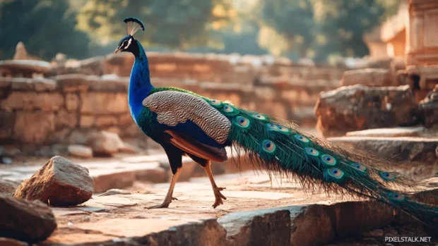 A peacock walking slowly across ancient temple ruins, tail catching glints of filtered sunlight.