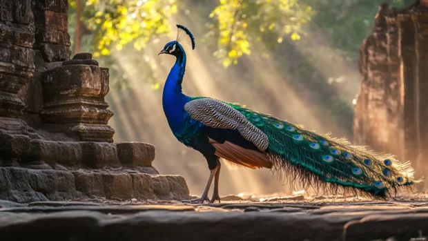 A peacock walking slowly across ancient temple ruins, tail catching glints of filtered sunlight.