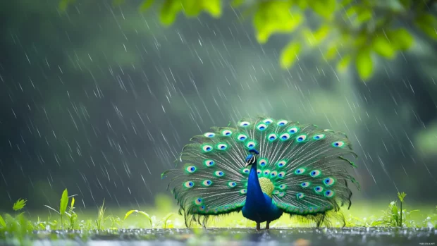 A peacock's glowing tail feathers shimmer in the rain.