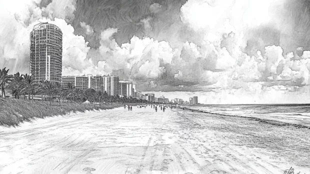 A pencil sketch of a beach scene in Miami, with detailed lines and shading.