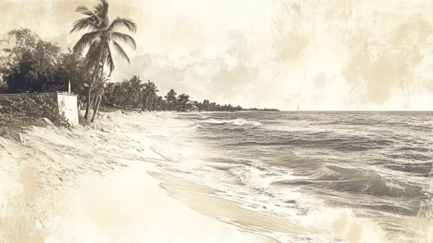 A pencil sketch of a beach scene, with detailed lines and shading.