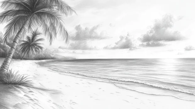 A pencil sketch of a beach scene, with detailed lines and shading.