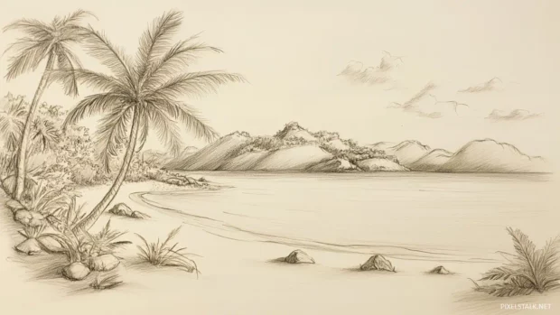 A pencil sketch of a beach scene, with detailed lines and shading.