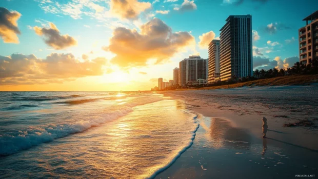 A  person feet walking at Miami Beach with the ocean and sunset.