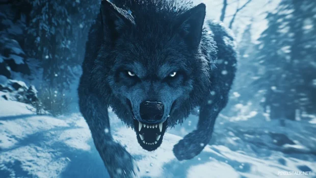 A photorealistic wolf baring its fangs in the middle of a snowy chase.