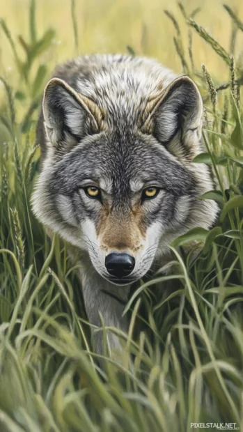 A photorealistic wolf emerging from tall grass with intense eye contact.