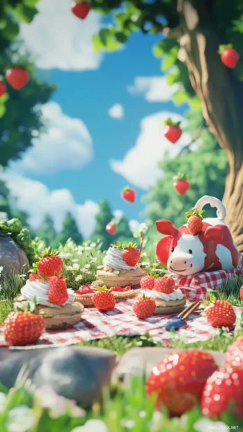 A picnic scene with Strawberry Cow and strawberry desserts in this Strawberry Cow Wallpaper.