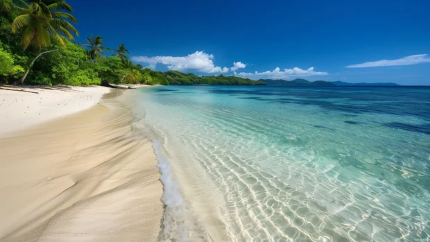 A picturesque Fiji beach with smooth, white sand and gentle waves lapping the shore.