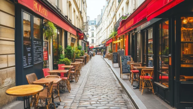 A picturesque scene of Paris streets lined with classic Parisian architecture and café terraces.