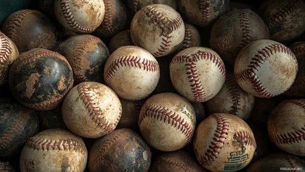 A pile of baseballs in a dugout, showing different levels of wear and tear.
