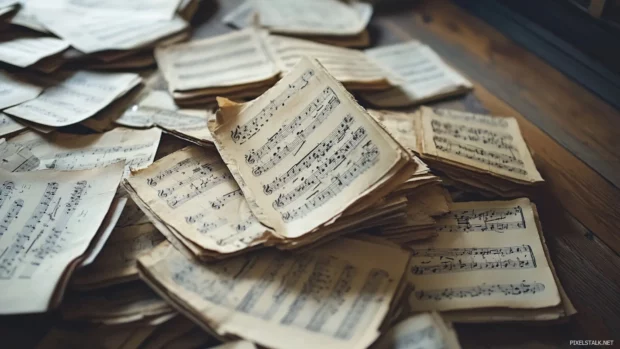 A pile of classical sheet music scattered on wooden floor.
