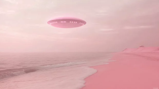 A pink UFO flying above a pink ocean with pink beach and sky below.