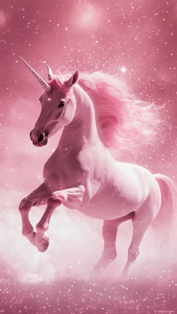 A pink atmosphere surrounds a unicorn playing with sparkles, perfect as a Unicorn iPhone background aesthetic.