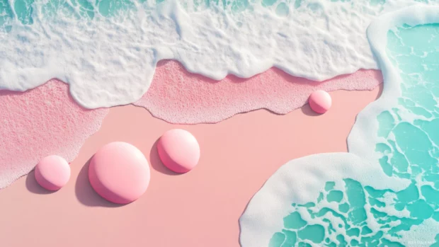 A pink beach with a geometric pattern.