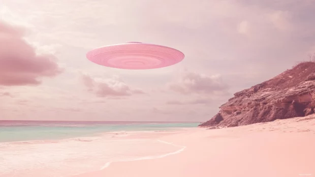 A pink beach with a pink UFO over the ocean, with pink sand and sky.