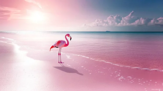 A pink beach with a pink flamingo on the sand, with pink ocean and sky.