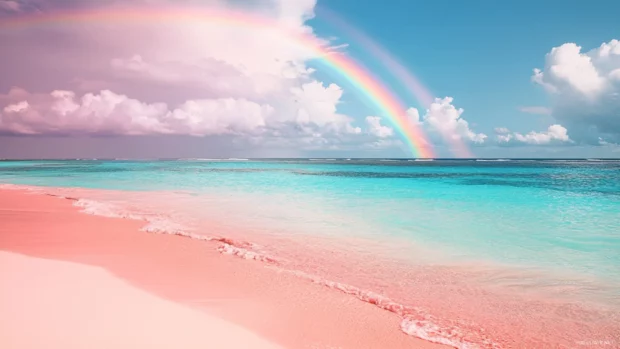A pink beach with a pink rainbow, pink ocean, and pink sand.