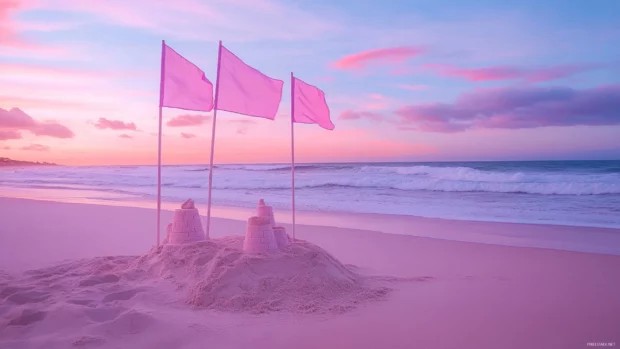 A pink beach with a pink sandcastle on the sand.