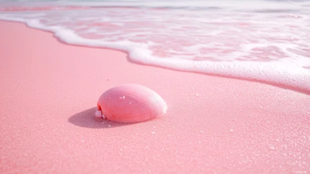 A pink beach with a pink seashell on the sand and the pink ocean behind.