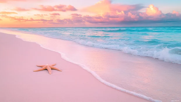 A pink beach with a pink starfish on the sand, with pink ocean and sky.