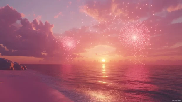 A pink beach with a pink sunset and pink fireworks exploding in the sky.