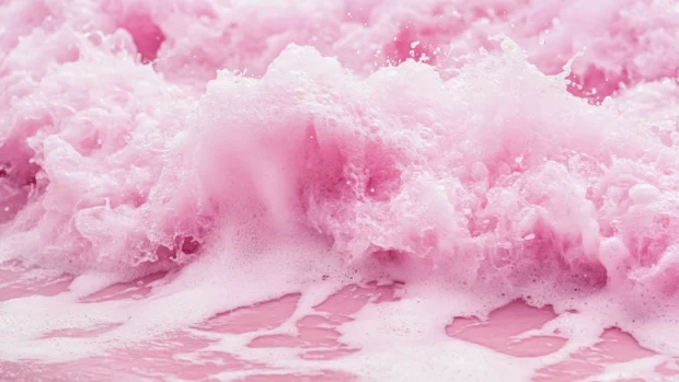 A pink beach with a pink wave crashing and pink foam splashing.