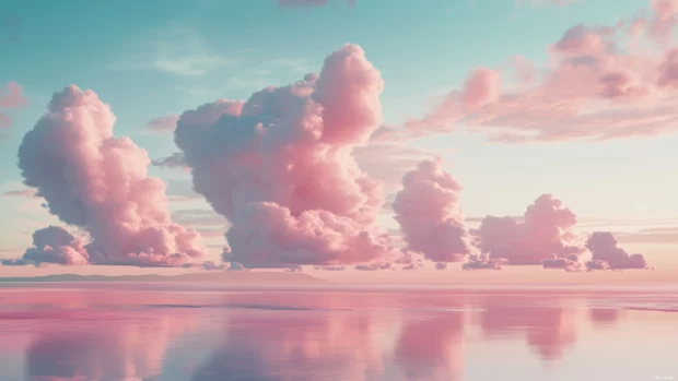 A pink beach with a surreal atmosphere, featuring floating islands and pink clouds.