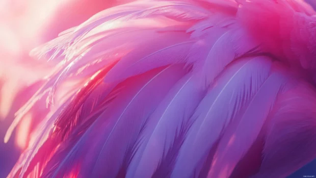 A pink flamingo HD wallpaper with a close up of sunlit feathers.