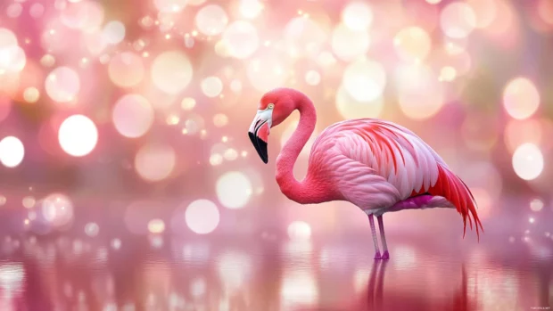 A pink flamingo background with soft bokeh and a dreamy water reflection.
