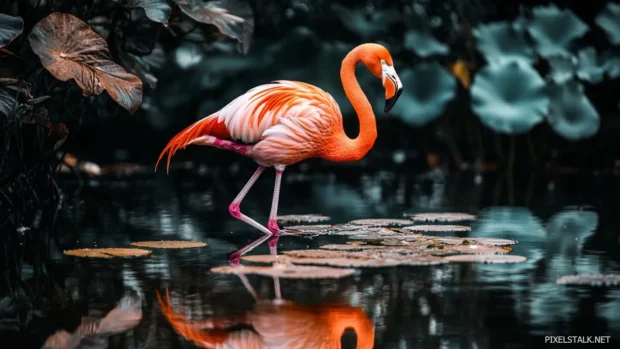 A pink flamingo standing near lily pads, reflections adding depth.