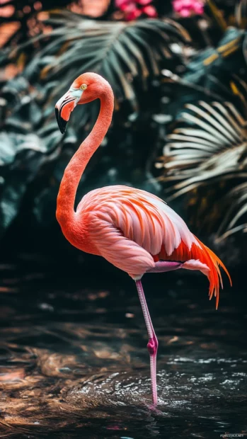 A pink flamingo standing solo in shallow water, ideal for iPhone wallpaper.