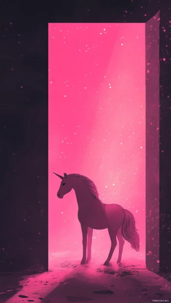 A pink galaxy shines behind the unicorn in this elegant Pink Unicorn wallpaper.