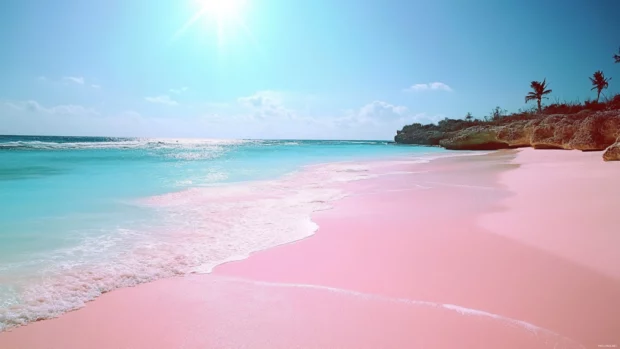 A pink sand beach with clear turquoise water, palm trees, and bright sun.