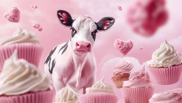 A pink sky and floating cupcakes frame this Pastel Cute Cow background.