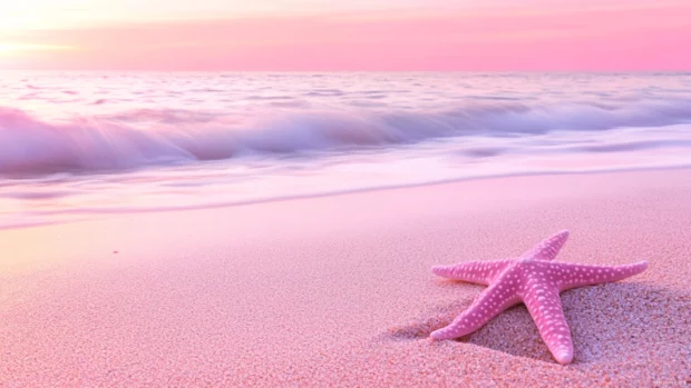 A pink starfish resting on pink sand with ocean and sky in soft pink tones.