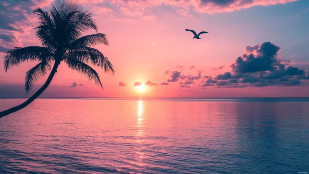 A pink sunset over a calm ocean, with a palm tree silhouette and seagulls flying.