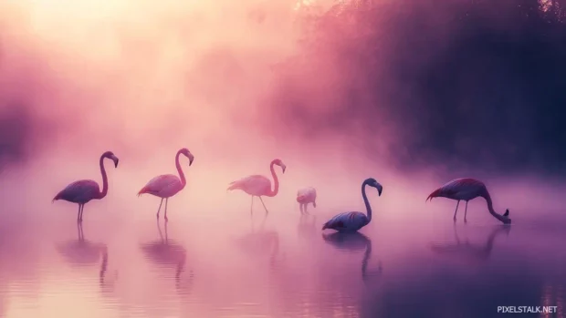 A pink toned lake with mist and flamingos, perfect for aesthetic wallpaper.